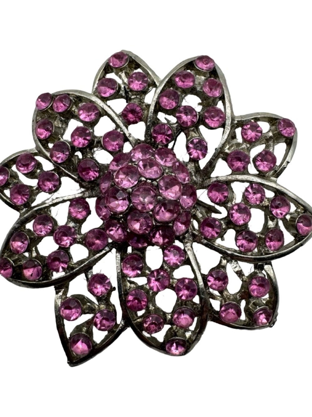 Vintage Pink Rhinestone Flower Brooch Silver Tone Floral Pin 1.75” - Picture 2 of 8